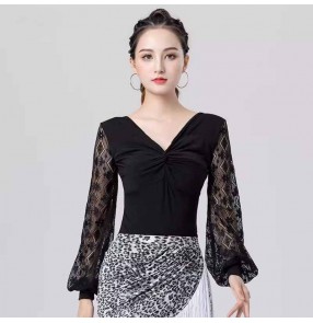 Women girls black lace v neck latin ballroom dance tops modern salsa rumba tango waltz flamenco dancing t shirt blouses for female